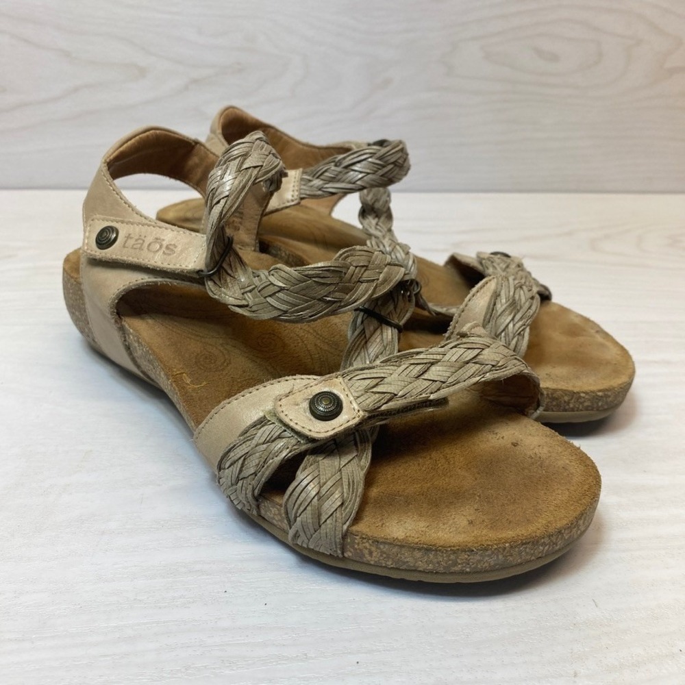 Taos Womens 8-8.5 Trulie Wedge Sandals Braided Leather Beige Comfort Walking